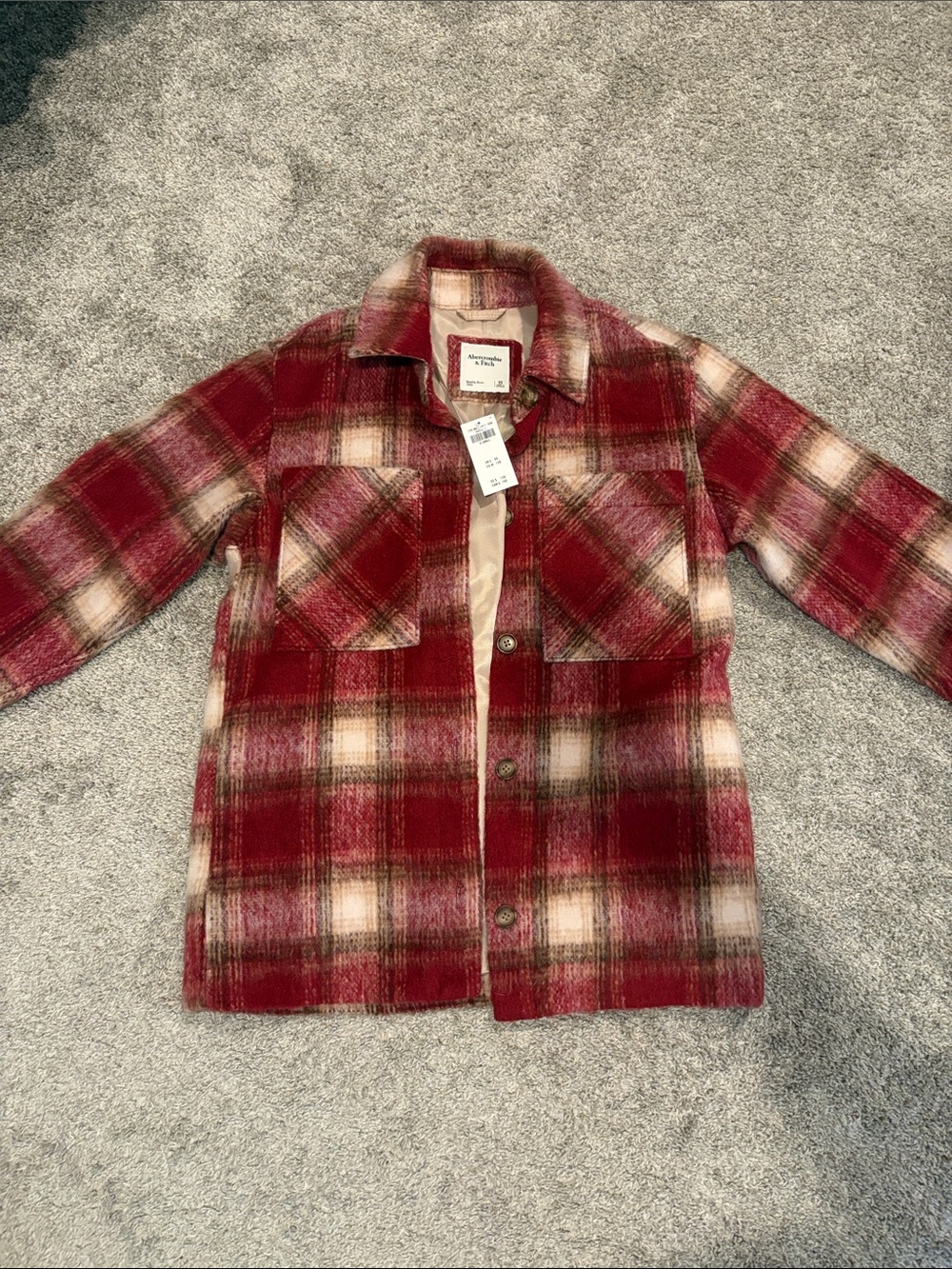Abercrombie & Fitch Red and Cream Plaid Utility Shacket